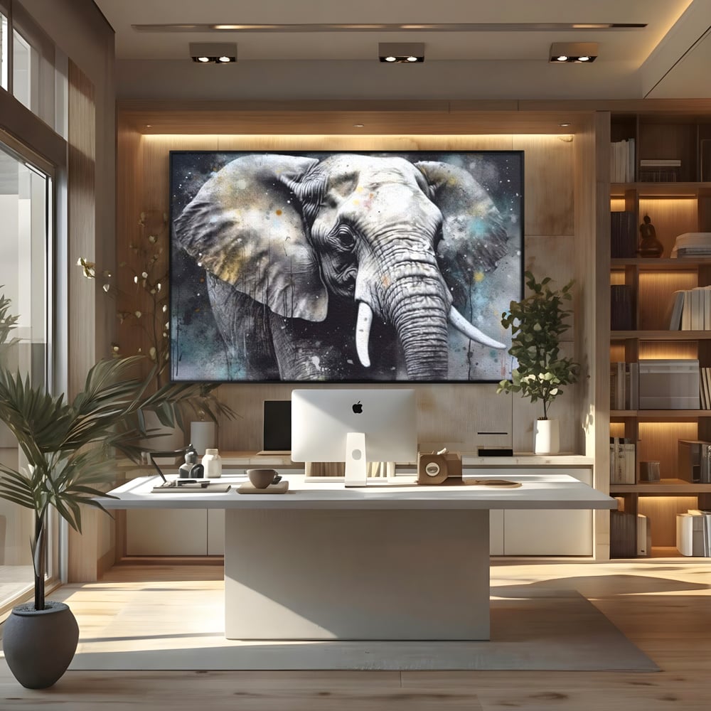 Tablou canvas cu tablou canvas cu cap de elefant, in rama de aluminiu negru, pe perete intr-un birou